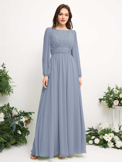 Carlyna Boat Neck Long Sleeve Chiffon Maxi Dress | Elegant A-Line Bridesmaid & Wedding Guest Dress Side View 2 #color_dusty-blue-upgrade
