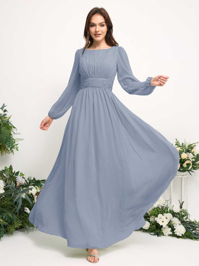 Carlyna Boat Neck Long Sleeve Chiffon Maxi Dress | Elegant A-Line Bridesmaid & Wedding Guest Dress Side View 3 #color_dusty-blue-upgrade