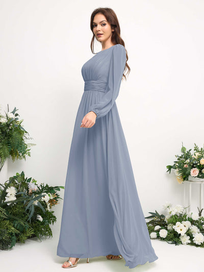 Carlyna Boat Neck Long Sleeve Chiffon Maxi Dress | Elegant A-Line Bridesmaid & Wedding Guest Dress Side View 4 #color_dusty-blue-upgrade