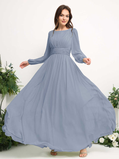 Carlyna Boat Neck Long Sleeve Chiffon Maxi Dress | Elegant A-Line Bridesmaid & Wedding Guest Dress Side View 5 #color_dusty-blue-upgrade