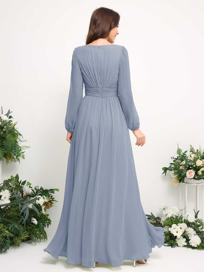 Carlyna Boat Neck Long Sleeve Chiffon Maxi Dress | Elegant A-Line Bridesmaid & Wedding Guest Dress Back View #color_dusty-blue-upgrade