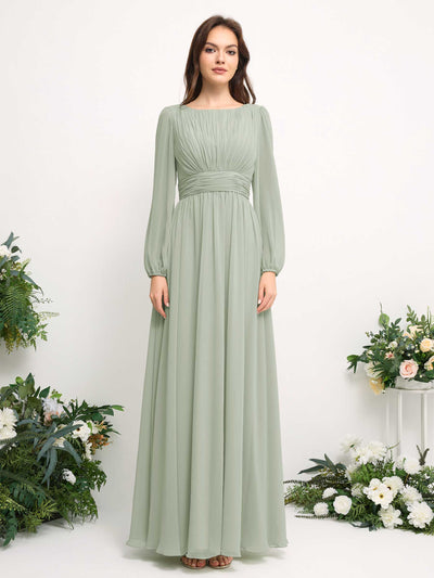 Carlyna Boat Neck Long Sleeve Chiffon Maxi Dress | Elegant A-Line Bridesmaid & Wedding Guest Dress Front View #color_sage-green