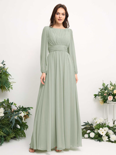 Carlyna Boat Neck Long Sleeve Chiffon Maxi Dress | Elegant A-Line Bridesmaid & Wedding Guest Dress Side View 2 #color_sage-green