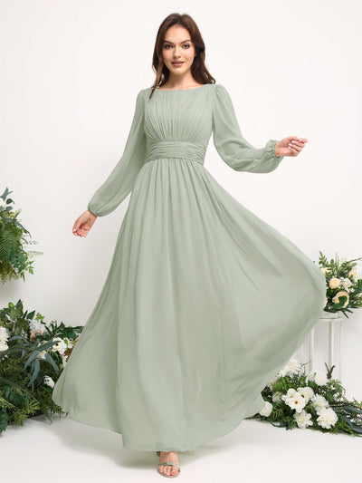 Carlyna Boat Neck Long Sleeve Chiffon Maxi Dress | Elegant A-Line Bridesmaid & Wedding Guest Dress Side View 3 #color_sage-green