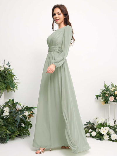 Carlyna Boat Neck Long Sleeve Chiffon Maxi Dress | Elegant A-Line Bridesmaid & Wedding Guest Dress Side View 4 #color_sage-green
