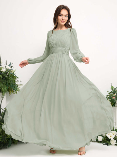Carlyna Boat Neck Long Sleeve Chiffon Maxi Dress | Elegant A-Line Bridesmaid & Wedding Guest Dress Side View 5 #color_sage-green