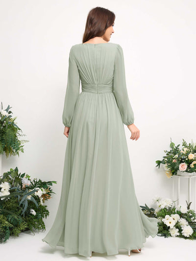 Carlyna Boat Neck Long Sleeve Chiffon Maxi Dress | Elegant A-Line Bridesmaid & Wedding Guest Dress Back View #color_sage-green