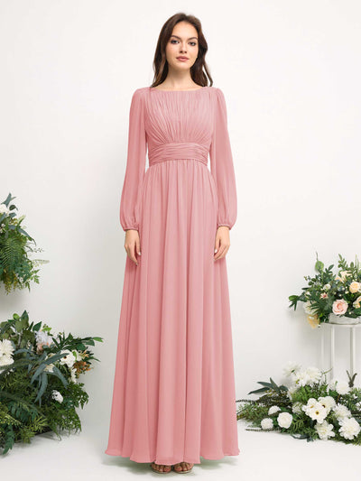 Carlyna Boat Neck Long Sleeve Chiffon Maxi Dress | Elegant A-Line Bridesmaid & Wedding Guest Dress Front View #color_champagne-rose