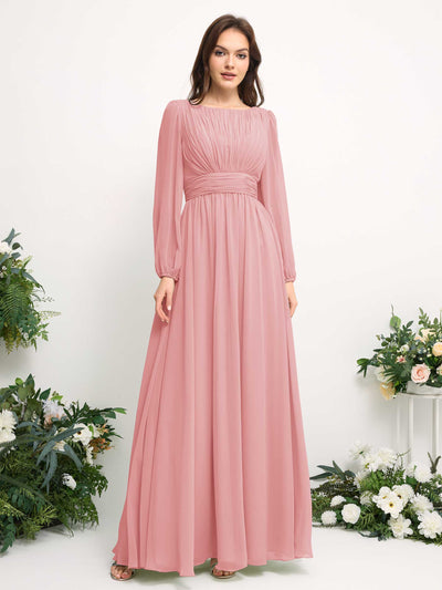 Carlyna Boat Neck Long Sleeve Chiffon Maxi Dress | Elegant A-Line Bridesmaid & Wedding Guest Dress Side View 2 #color_champagne-rose