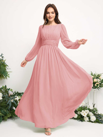 Carlyna Boat Neck Long Sleeve Chiffon Maxi Dress | Elegant A-Line Bridesmaid & Wedding Guest Dress Side View 3 #color_champagne-rose
