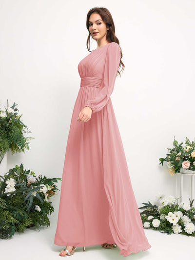 Carlyna Boat Neck Long Sleeve Chiffon Maxi Dress | Elegant A-Line Bridesmaid & Wedding Guest Dress Side View 4 #color_champagne-rose