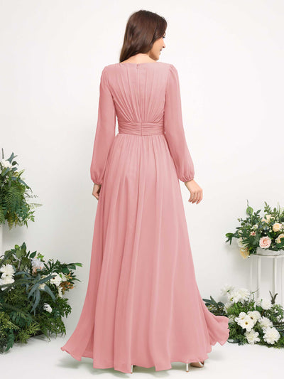 Carlyna Boat Neck Long Sleeve Chiffon Maxi Dress | Elegant A-Line Bridesmaid & Wedding Guest Dress Back View #color_champagne-rose