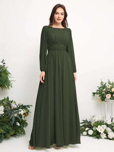 Carlyna Boat Neck Long Sleeve Chiffon Maxi Dress | Elegant A-Line Bridesmaid & Wedding Guest Dress Side View 2 #color_martini-olive