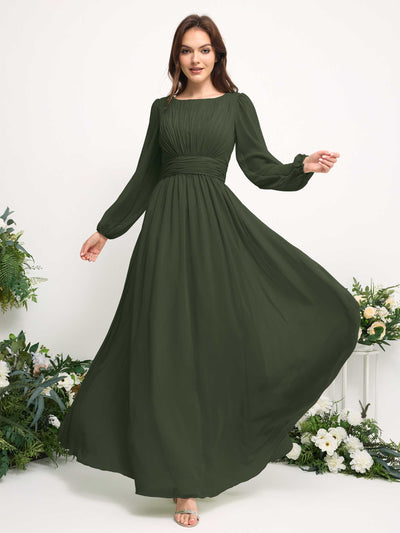 Carlyna Boat Neck Long Sleeve Chiffon Maxi Dress | Elegant A-Line Bridesmaid & Wedding Guest Dress Side View 3 #color_martini-olive
