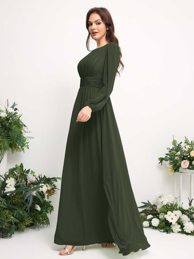 Carlyna Boat Neck Long Sleeve Chiffon Maxi Dress | Elegant A-Line Bridesmaid & Wedding Guest Dress Side View 4 #color_martini-olive