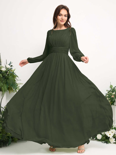 Carlyna Boat Neck Long Sleeve Chiffon Maxi Dress | Elegant A-Line Bridesmaid & Wedding Guest Dress Side View 5 #color_martini-olive