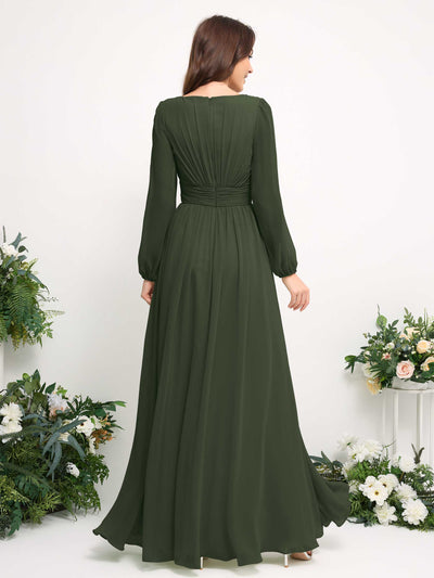 Carlyna Boat Neck Long Sleeve Chiffon Maxi Dress | Elegant A-Line Bridesmaid & Wedding Guest Dress Back View #color_martini-olive