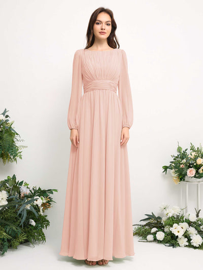 Carlyna Boat Neck Long Sleeve Chiffon Maxi Dress | Elegant A-Line Bridesmaid & Wedding Guest Dress Front View #color_pearl-pink