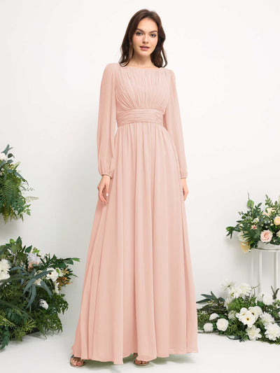 Carlyna Boat Neck Long Sleeve Chiffon Maxi Dress | Elegant A-Line Bridesmaid & Wedding Guest Dress Side View 2 #color_pearl-pink
