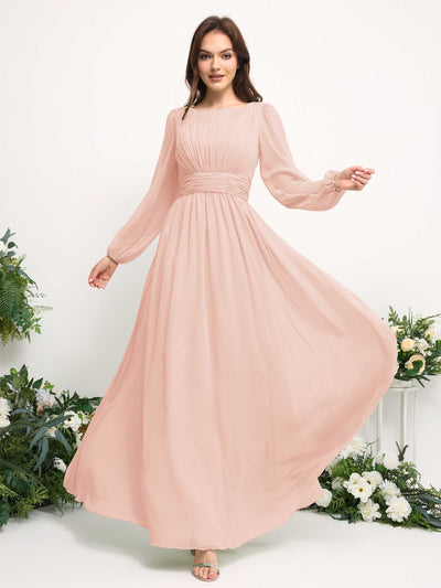 Carlyna Boat Neck Long Sleeve Chiffon Maxi Dress | Elegant A-Line Bridesmaid & Wedding Guest Dress Side View 3 #color_pearl-pink