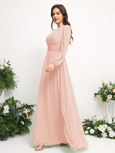 Carlyna Boat Neck Long Sleeve Chiffon Maxi Dress | Elegant A-Line Bridesmaid & Wedding Guest Dress Side View 4 #color_pearl-pink