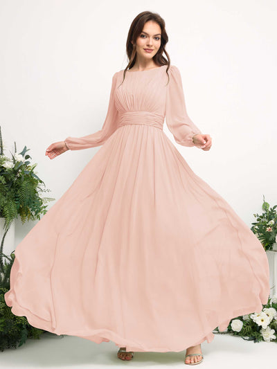 Carlyna Boat Neck Long Sleeve Chiffon Maxi Dress | Elegant A-Line Bridesmaid & Wedding Guest Dress Side View 5 #color_pearl-pink