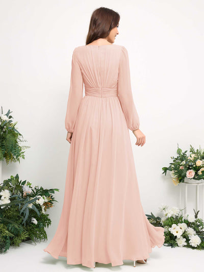 Carlyna Boat Neck Long Sleeve Chiffon Maxi Dress | Elegant A-Line Bridesmaid & Wedding Guest Dress Back View #color_pearl-pink