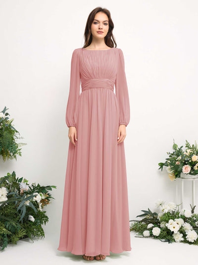 Carlyna Boat Neck Long Sleeve Chiffon Maxi Dress | Elegant A-Line Bridesmaid & Wedding Guest Dress Front View #color_dusty-rose