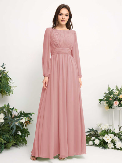 Carlyna Boat Neck Long Sleeve Chiffon Maxi Dress | Elegant A-Line Bridesmaid & Wedding Guest Dress Side View 2 #color_dusty-rose