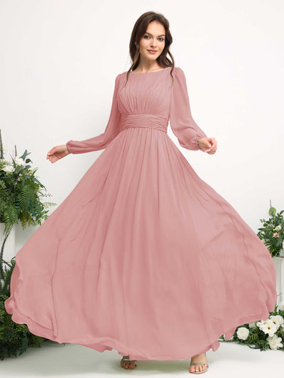 Carlyna Boat Neck Long Sleeve Chiffon Maxi Dress | Elegant A-Line Bridesmaid & Wedding Guest Dress Side View 5 #color_dusty-rose