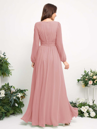 Carlyna Boat Neck Long Sleeve Chiffon Maxi Dress | Elegant A-Line Bridesmaid & Wedding Guest Dress Back View #color_dusty-rose