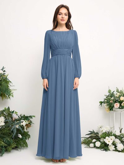 Carlyna Boat Neck Long Sleeve Chiffon Maxi Dress | Elegant A-Line Bridesmaid & Wedding Guest Dress Front View #color_dusty-blue