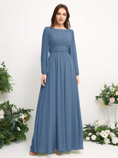 Carlyna Boat Neck Long Sleeve Chiffon Maxi Dress | Elegant A-Line Bridesmaid & Wedding Guest Dress Side View 2 #color_dusty-blue