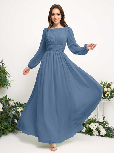 Carlyna Boat Neck Long Sleeve Chiffon Maxi Dress | Elegant A-Line Bridesmaid & Wedding Guest Dress Side View 3 #color_dusty-blue