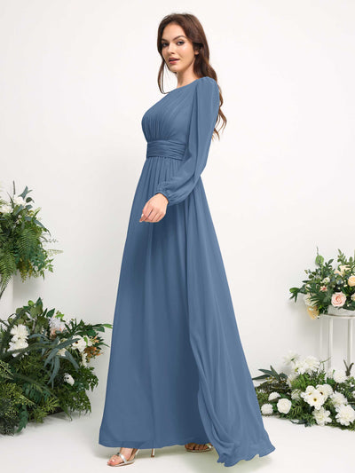 Carlyna Boat Neck Long Sleeve Chiffon Maxi Dress | Elegant A-Line Bridesmaid & Wedding Guest Dress Side View 4 #color_dusty-blue
