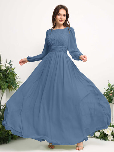 Carlyna Boat Neck Long Sleeve Chiffon Maxi Dress | Elegant A-Line Bridesmaid & Wedding Guest Dress Side View 5 #color_dusty-blue