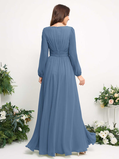 Carlyna Boat Neck Long Sleeve Chiffon Maxi Dress | Elegant A-Line Bridesmaid & Wedding Guest Dress Back View #color_dusty-blue
