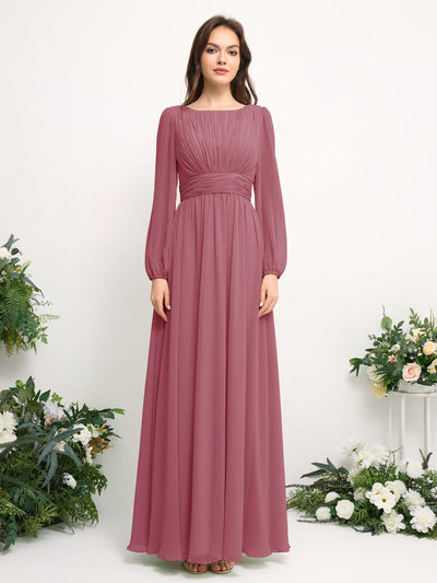 Carlyna Boat Neck Long Sleeve Chiffon Maxi Dress | Elegant A-Line Bridesmaid & Wedding Guest Dress Front View #color_desert-rose