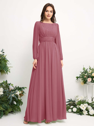 Carlyna Boat Neck Long Sleeve Chiffon Maxi Dress | Elegant A-Line Bridesmaid & Wedding Guest Dress Side View 2 #color_desert-rose