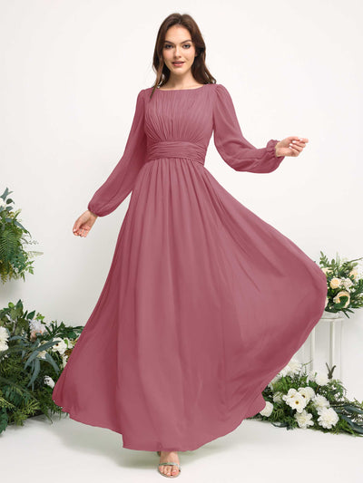 Carlyna Boat Neck Long Sleeve Chiffon Maxi Dress | Elegant A-Line Bridesmaid & Wedding Guest Dress Side View 3 #color_desert-rose