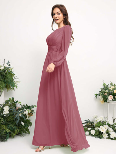Carlyna Boat Neck Long Sleeve Chiffon Maxi Dress | Elegant A-Line Bridesmaid & Wedding Guest Dress Side View 4 #color_desert-rose