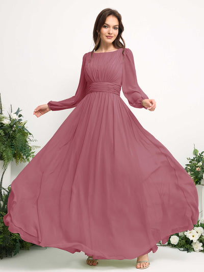 Carlyna Boat Neck Long Sleeve Chiffon Maxi Dress | Elegant A-Line Bridesmaid & Wedding Guest Dress Side View 5 #color_desert-rose