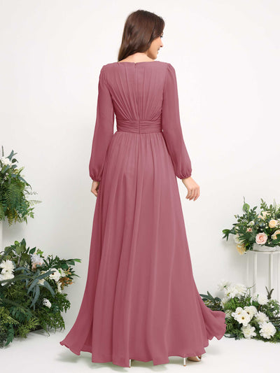 Carlyna Boat Neck Long Sleeve Chiffon Maxi Dress | Elegant A-Line Bridesmaid & Wedding Guest Dress Back View #color_desert-rose