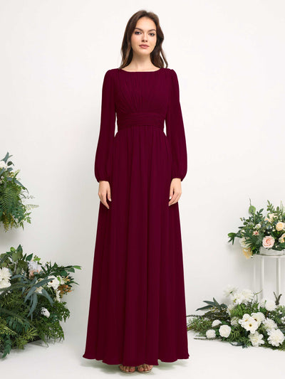 Carlyna Boat Neck Long Sleeve Chiffon Maxi Dress | Elegant A-Line Bridesmaid & Wedding Guest Dress Front View #color_burgundy