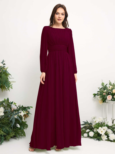 Carlyna Boat Neck Long Sleeve Chiffon Maxi Dress | Elegant A-Line Bridesmaid & Wedding Guest Dress Side View 2 #color_burgundy