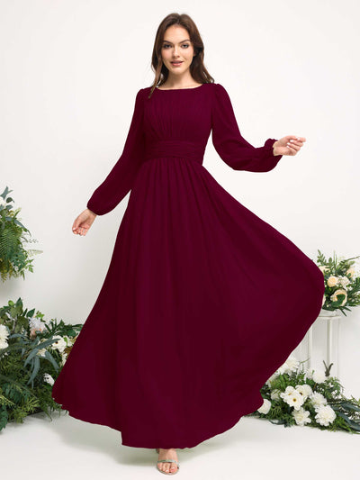 Carlyna Boat Neck Long Sleeve Chiffon Maxi Dress | Elegant A-Line Bridesmaid & Wedding Guest Dress Side View 3 #color_burgundy
