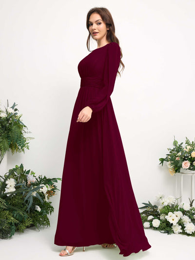 Carlyna Boat Neck Long Sleeve Chiffon Maxi Dress | Elegant A-Line Bridesmaid & Wedding Guest Dress Side View 4 #color_burgundy
