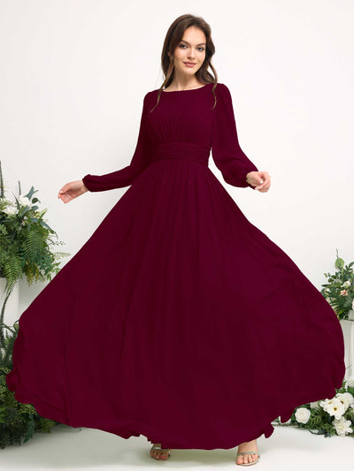 Carlyna Boat Neck Long Sleeve Chiffon Maxi Dress | Elegant A-Line Bridesmaid & Wedding Guest Dress Side View 5 #color_burgundy