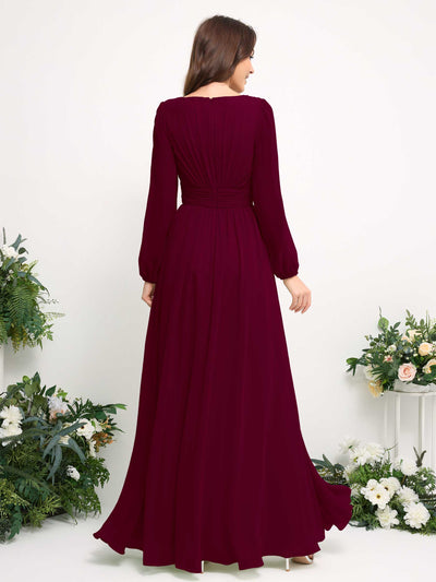 Carlyna Boat Neck Long Sleeve Chiffon Maxi Dress | Elegant A-Line Bridesmaid & Wedding Guest Dress Back View #color_burgundy