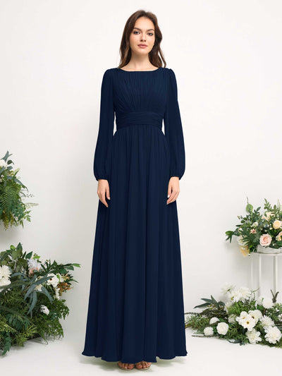 Carlyna Boat Neck Long Sleeve Chiffon Maxi Dress | Elegant A-Line Bridesmaid & Wedding Guest Dress Front View #color_navy